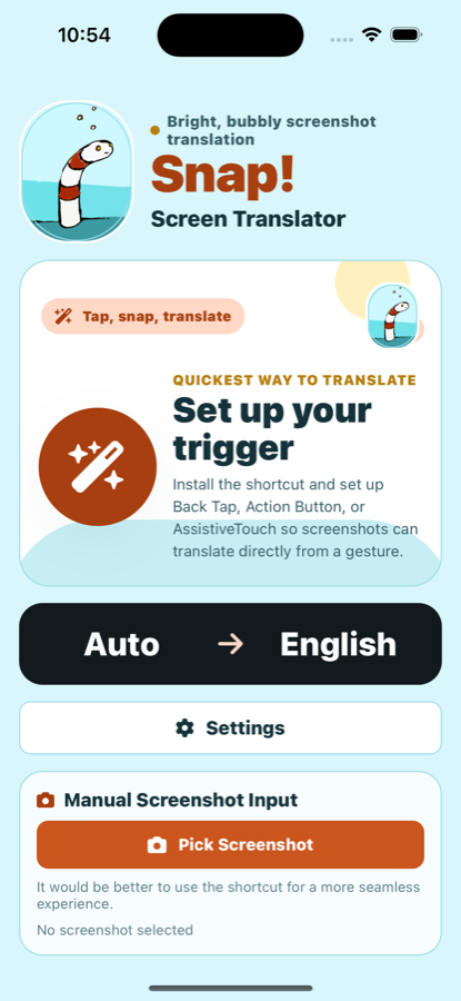 Snap! Screen Translator home screen showing trigger setup and screenshot translation controls