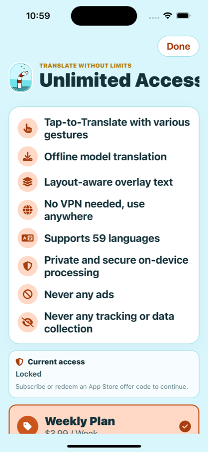 Unlimited Access screen showing subscription options and billing information