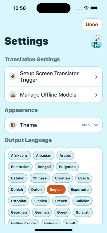 Snap! Screen Translator settings screen with offline models and subscription controls